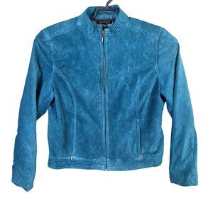 Womens Valerie Stevens Blue Suede 100% Leather Jacket Full Zip Moto Style XL